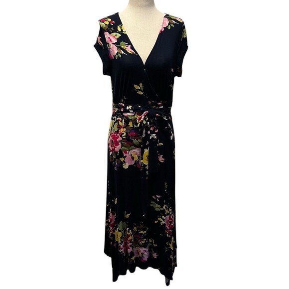 Venus Lascana Dress Medium Floral Handkerchief Hem Tie Waist Tropical Resort - Picture 7 of 11